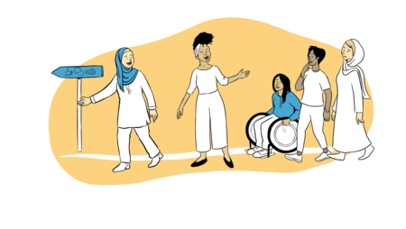 A drawing of five women. Two of them are gesturing to the others in a friendly way inviting them to follow.