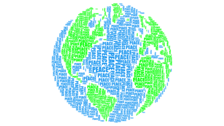 Graphic art depicting the planet made up of repetitions of the word ‘peace’ in green for the land masses and blue for the oceans. 
