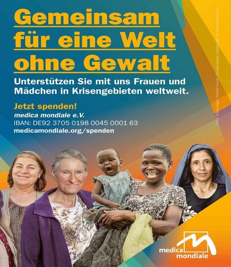 Füllanzeige von medica mondiale in Farbe mit der Aufschrift Gemeinsam für eine Welt ohne Gewalt und verschiedenen Frauen